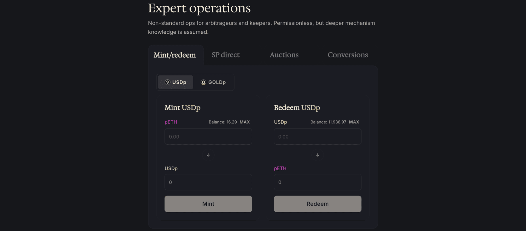 The Advanced section with its Mint/Redeem, SP Direct, Auctions and Conversions operations