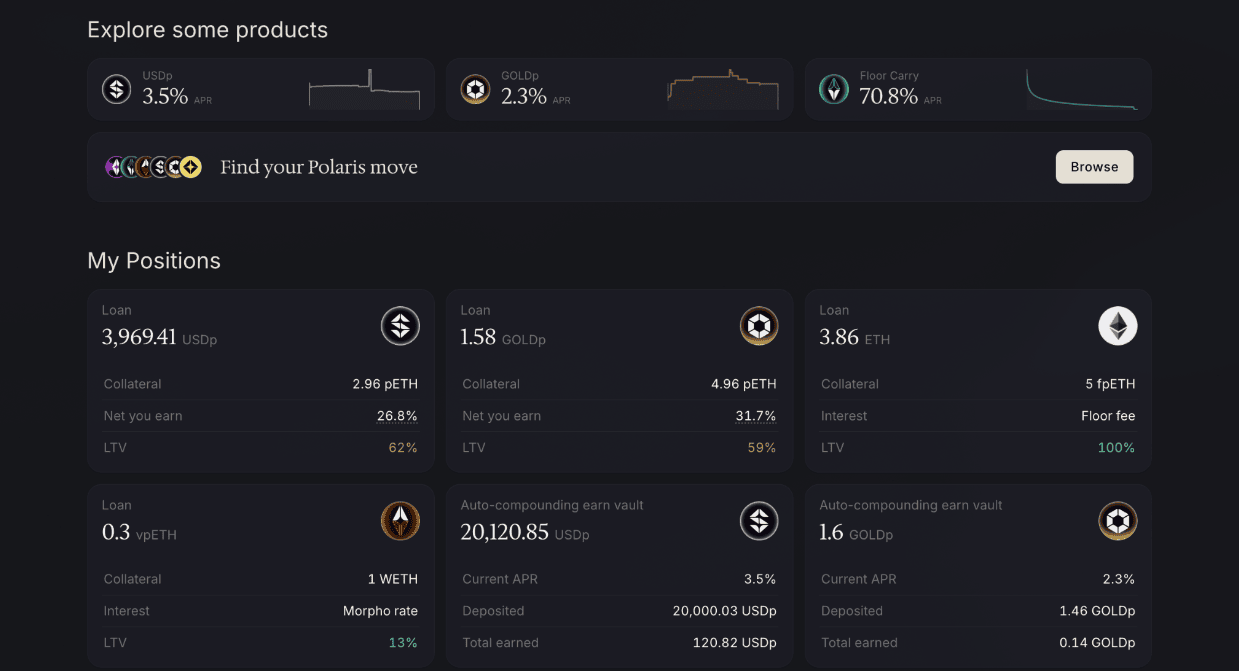 The Polaris testnet Dashboard, showing balances, active positions, Earn deposits and recent transactions