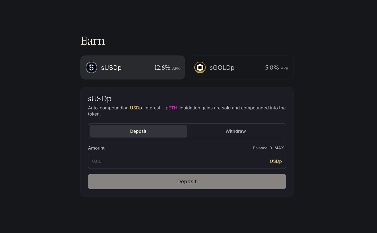 The Earn interface with the auto-compounding sUSDp and sGOLDp Earn Vaults
