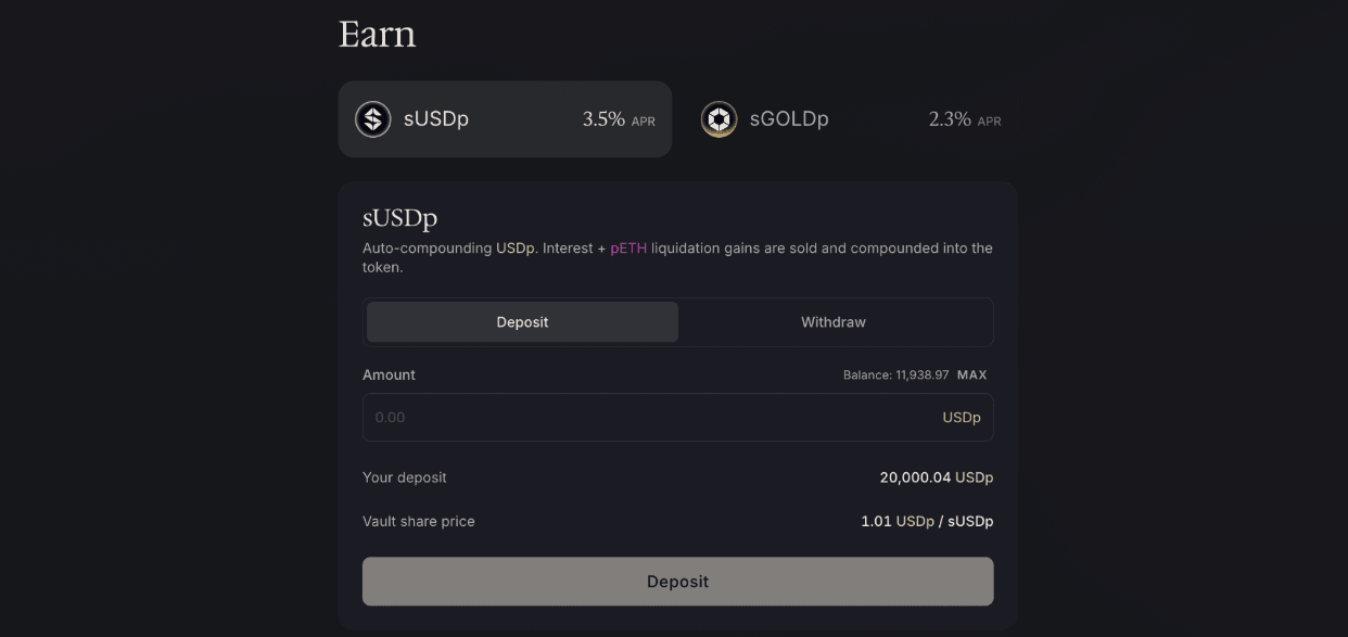 The Earn interface with the auto-compounding sUSDp and sGOLDp Earn Vaults