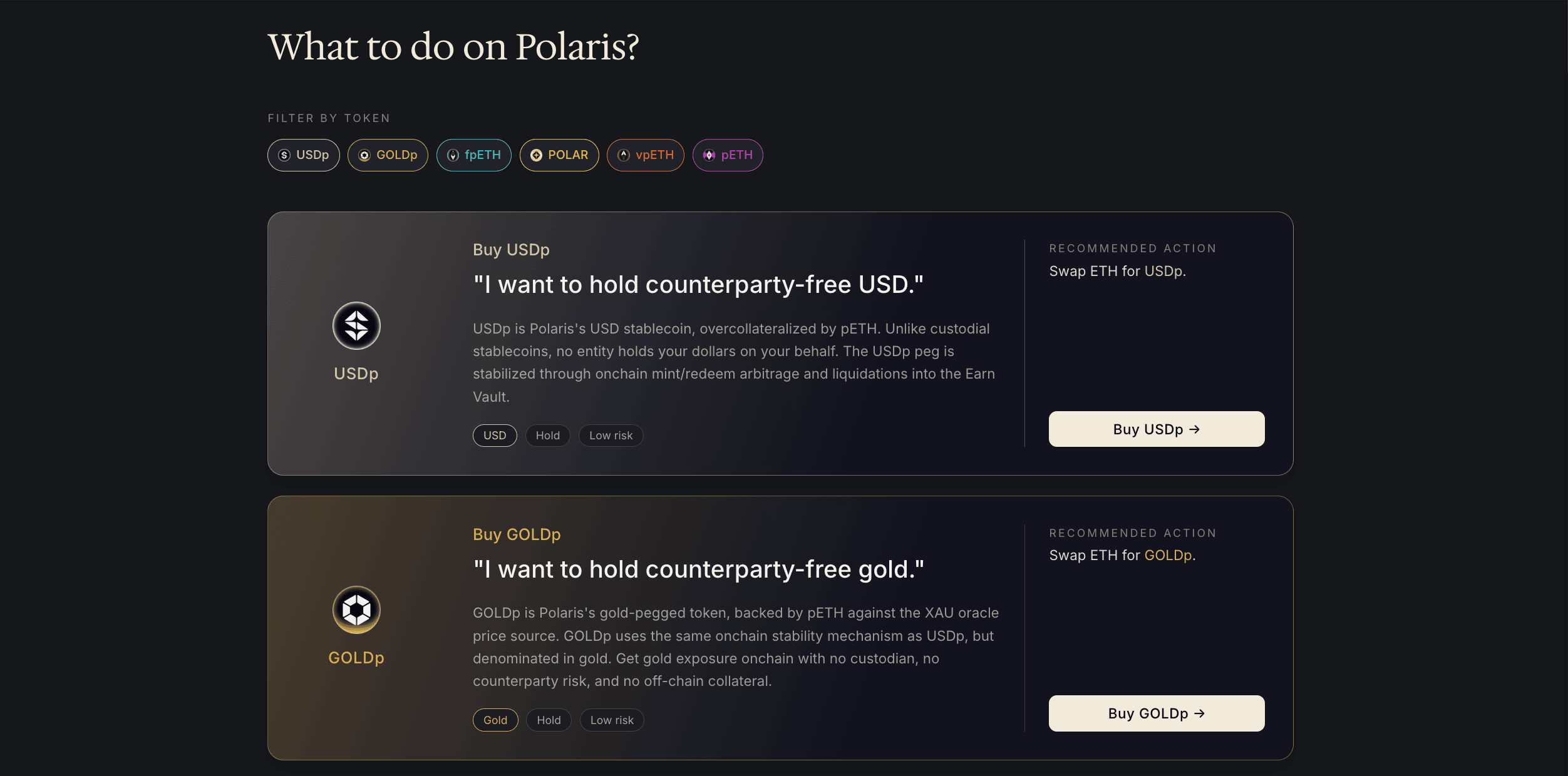 The in-app Guide's "What to do on Polaris?" view, with recommended actions filtered by token