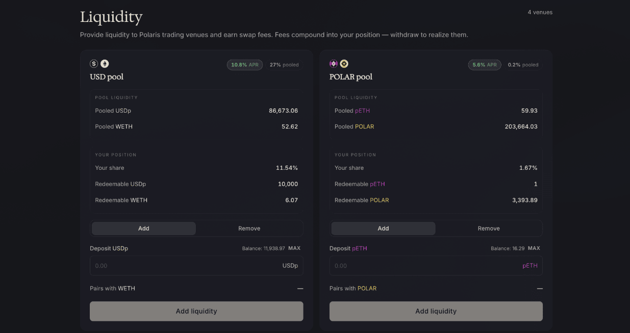 The Liquidity interface listing Polaris pools with liquidity, APR and pool share