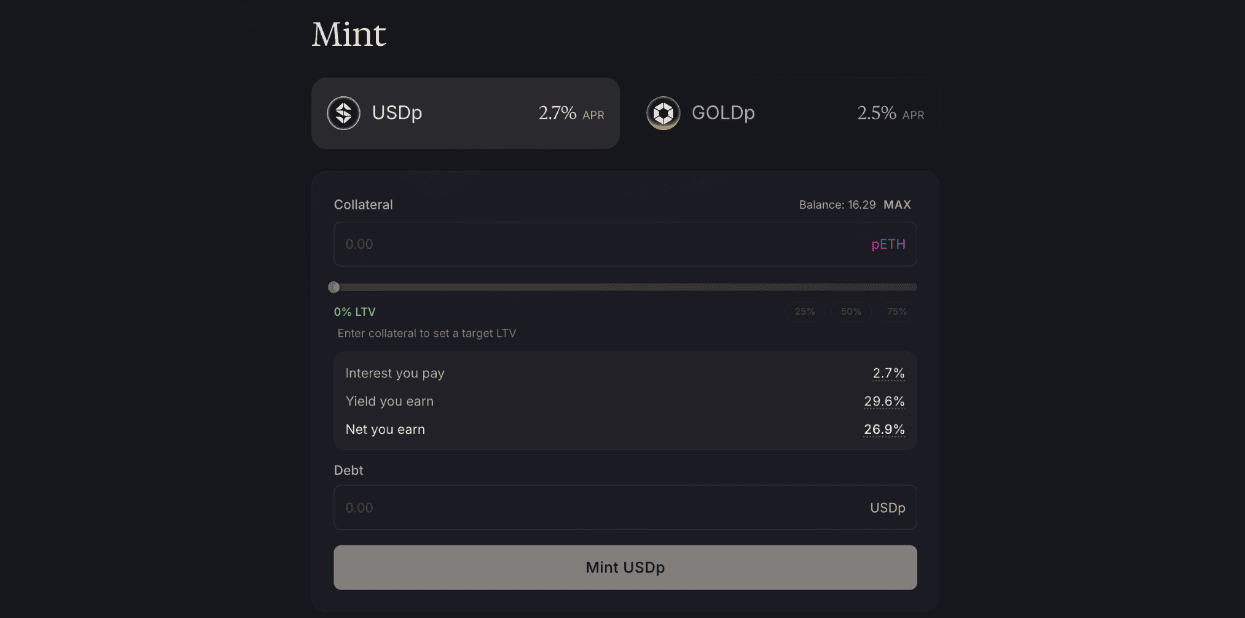 The Mint interface for creating and managing collateralized USDp and GOLDp positions