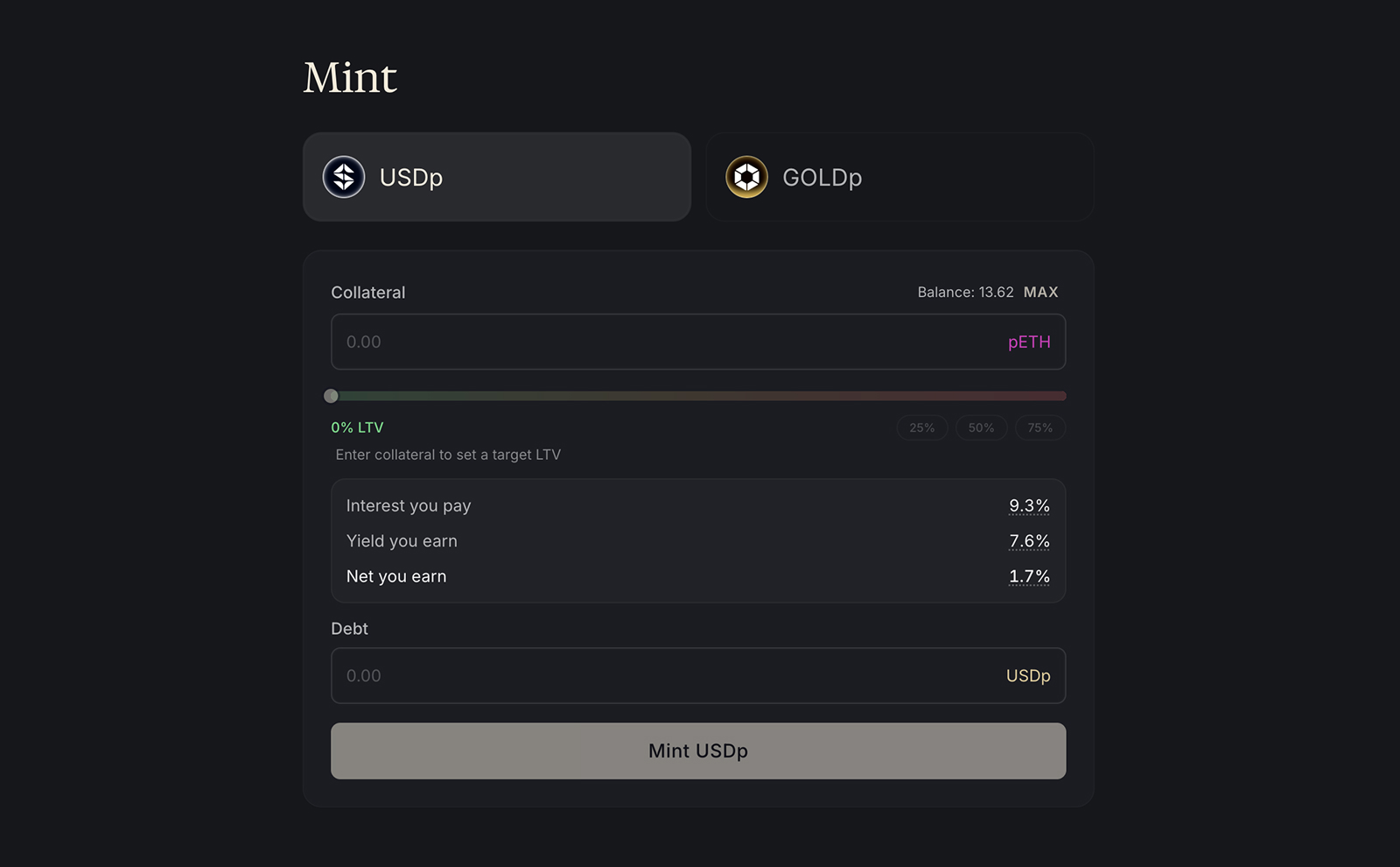 The Mint interface for creating and managing collateralized USDp and GOLDp positions
