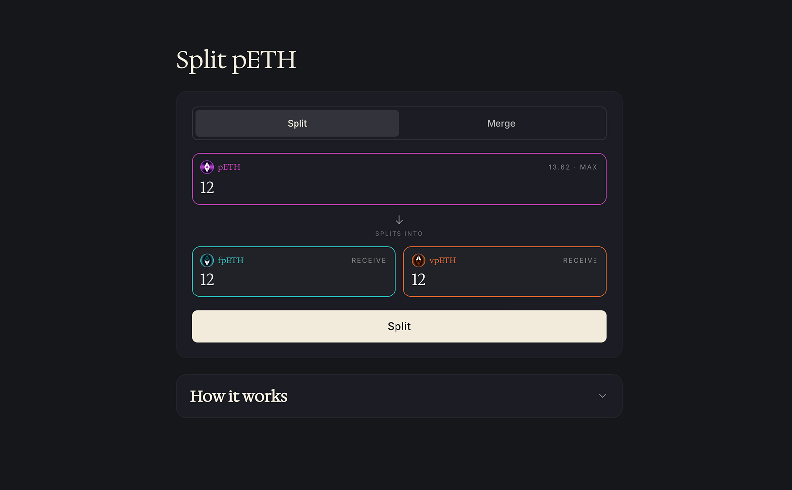 The Split interface for separating pETH into fpETH and vpETH or merging them back