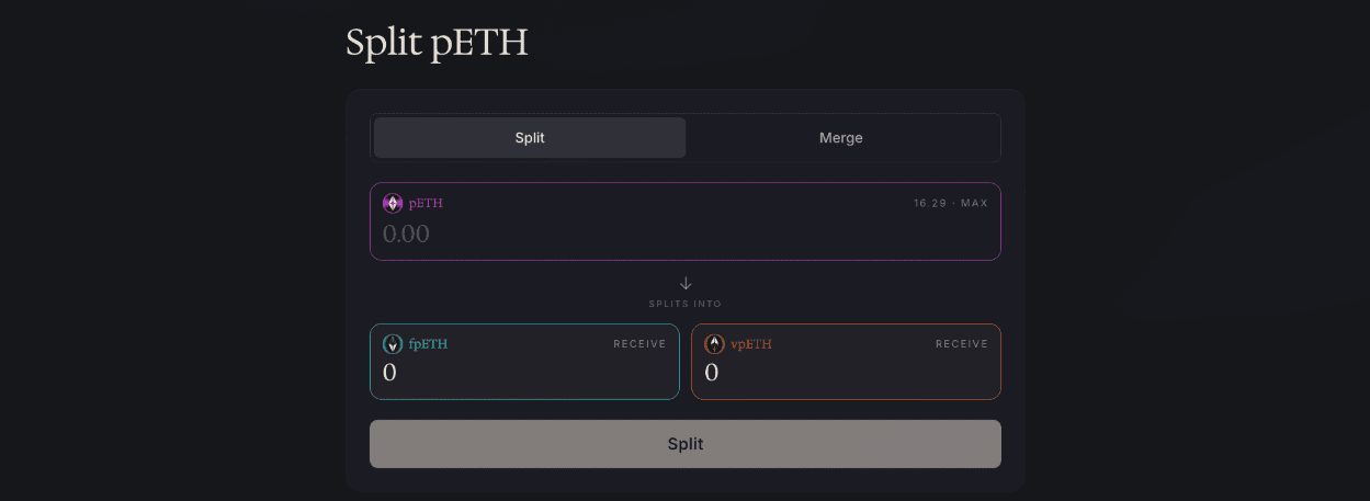 The Split interface for separating pETH into fpETH and vpETH or merging them back
